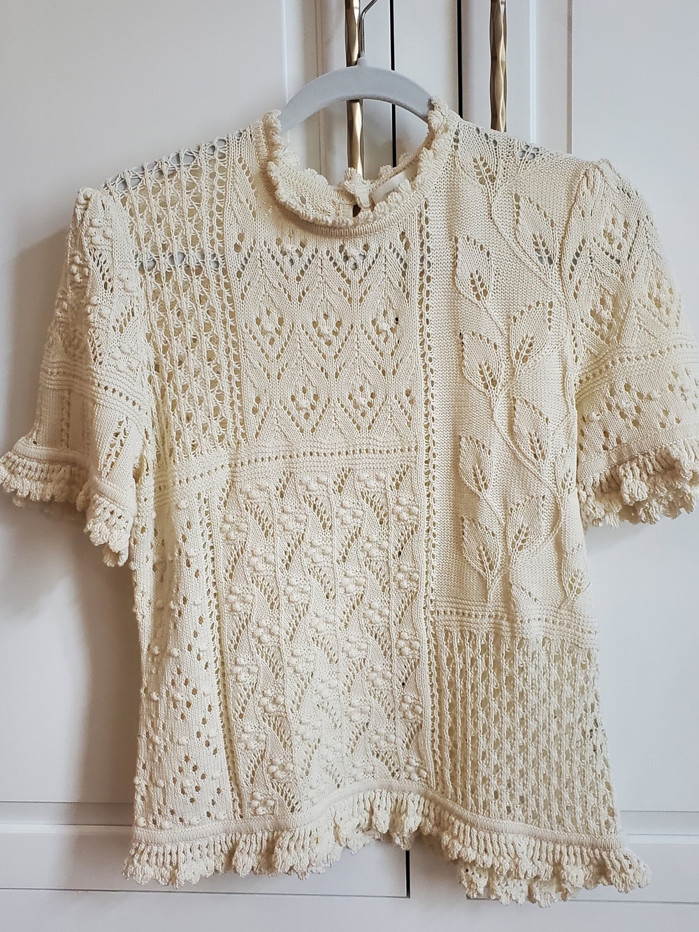 Zimmermann Cream Knit Lace Short-Sleeve Sweater Sz 3